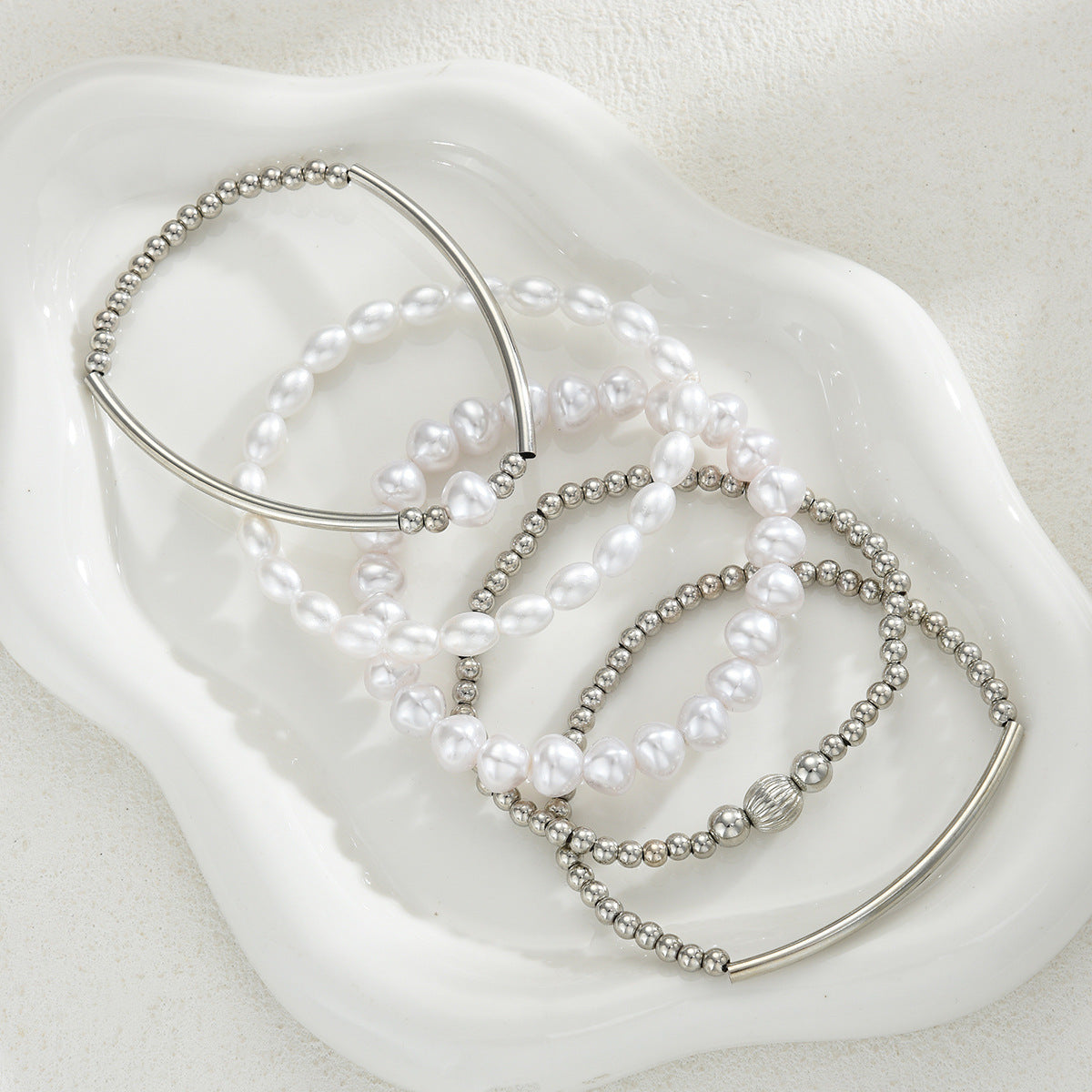 Elastic Pearl & CCB Bracelet Set (5-piece)