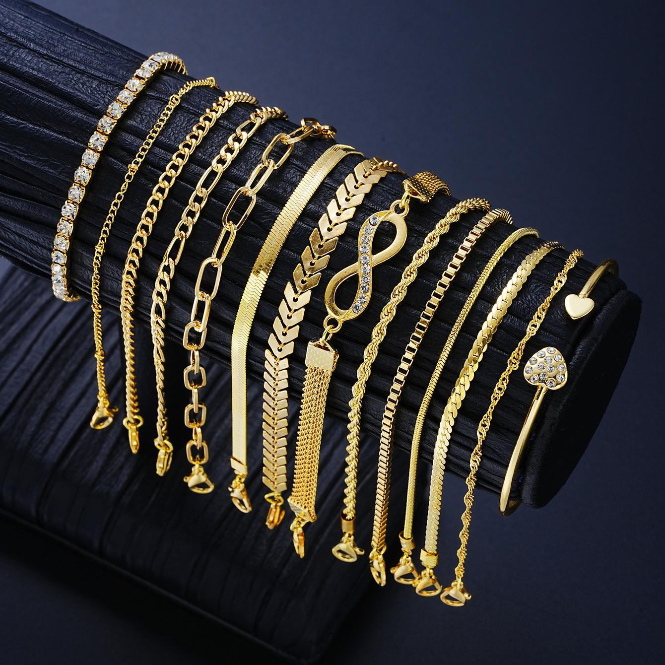 14-Piece Diamond Love & Snake Chain Bracelet Set