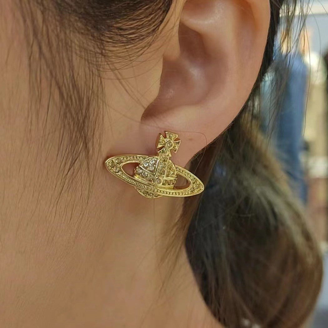 Saturn Planet Stud Earrings with Sparkling Stones