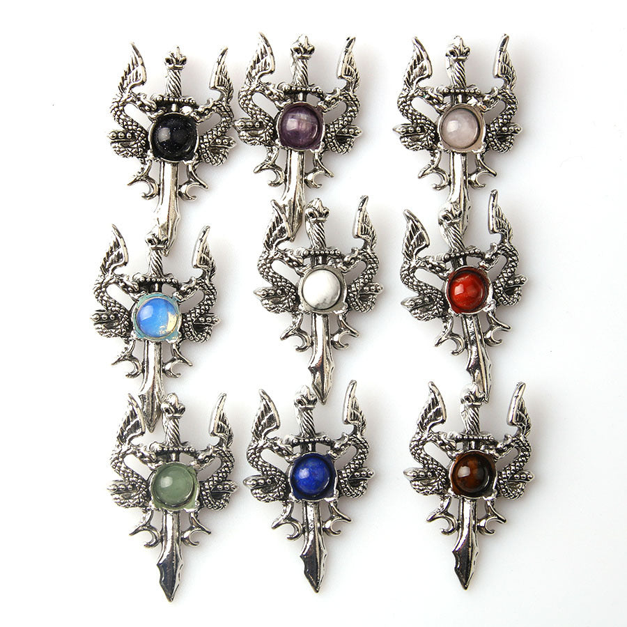 Pingente dominador masculino retrô de pedra de cristal duplo dragão 