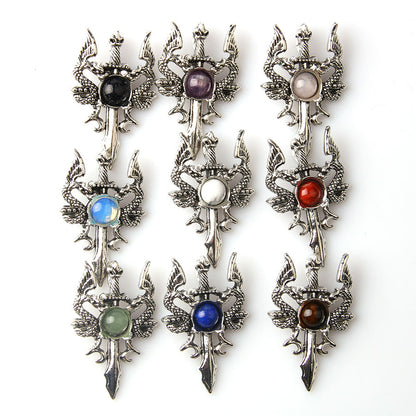 Pingente dominador masculino retrô de pedra de cristal duplo dragão 