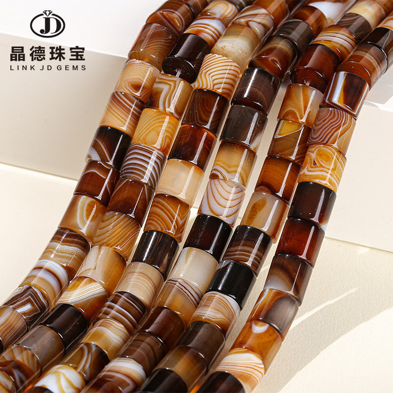 Brown Striped Agate Round Tube Loose Beads