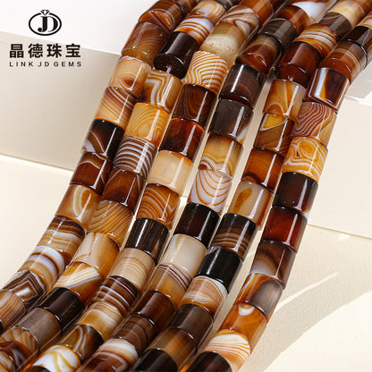 Brown Striped Agate Round Tube Loose Beads