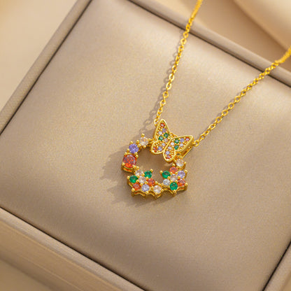 Chic Zircon Colorful Bow Donut Pendant New Titanium Steel Necklace