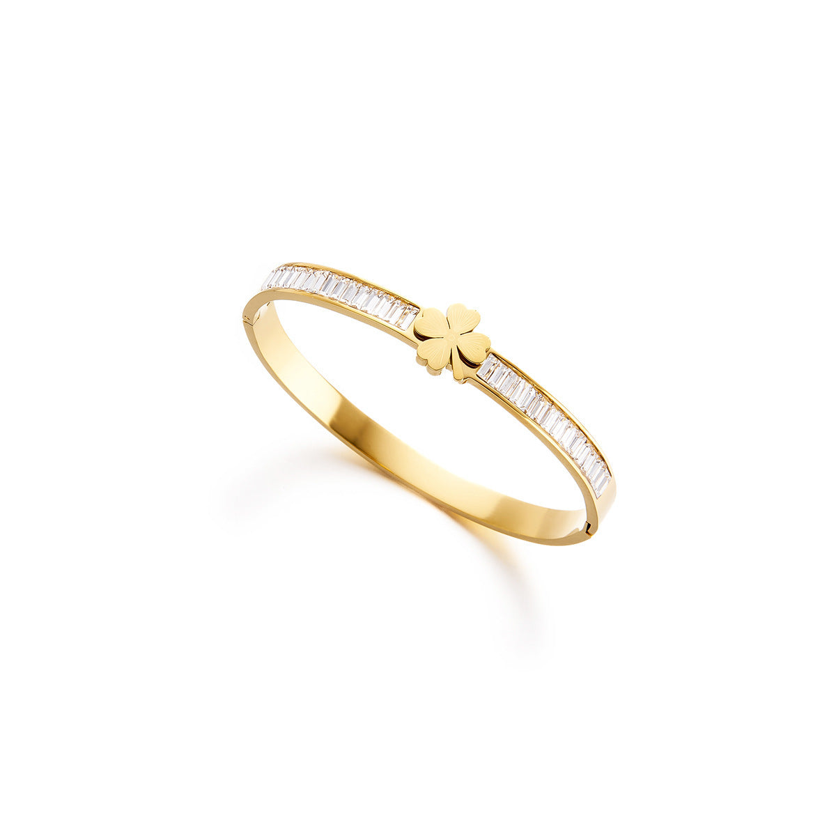 Women's 18K Gold-Plated Four-Leaf Clover Bracelet with CZ Diamonds — Stainless Steel, Titanium Clasp, Non-Fading