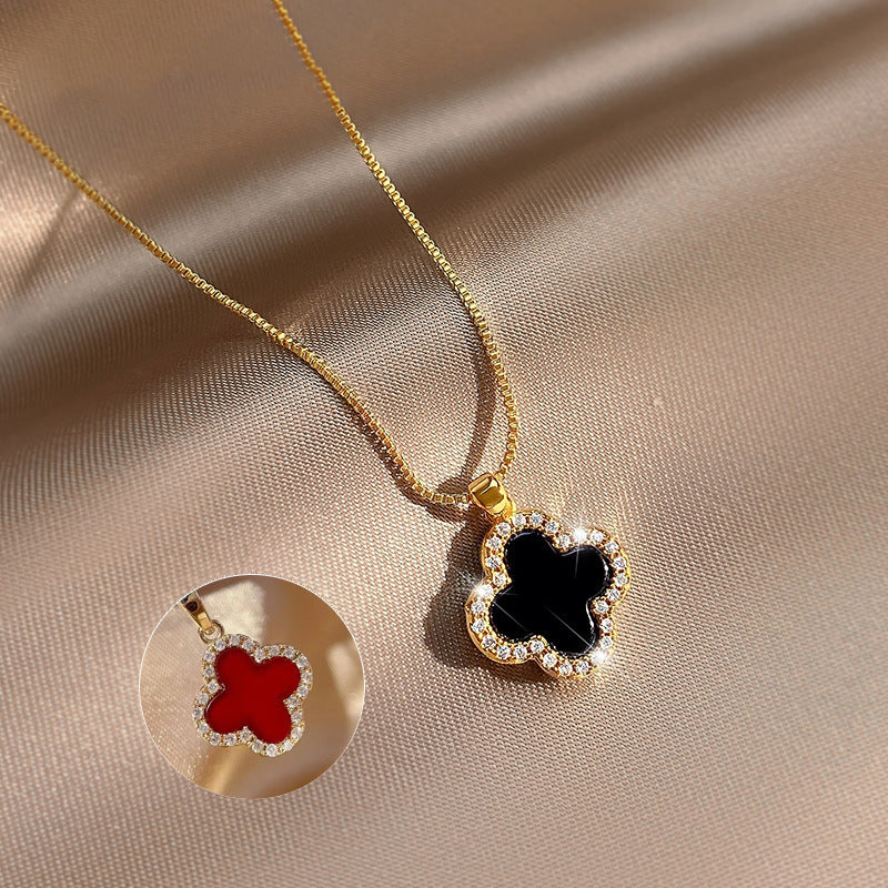 Double-Sided Black & White Four-Leaf Clover Diamond-Accented Pendant Necklace