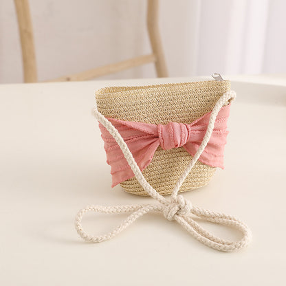 Conjunto de sombrero de paja con lazo para niños, bolsa de viaje con protección solar para la familia, primavera y verano 