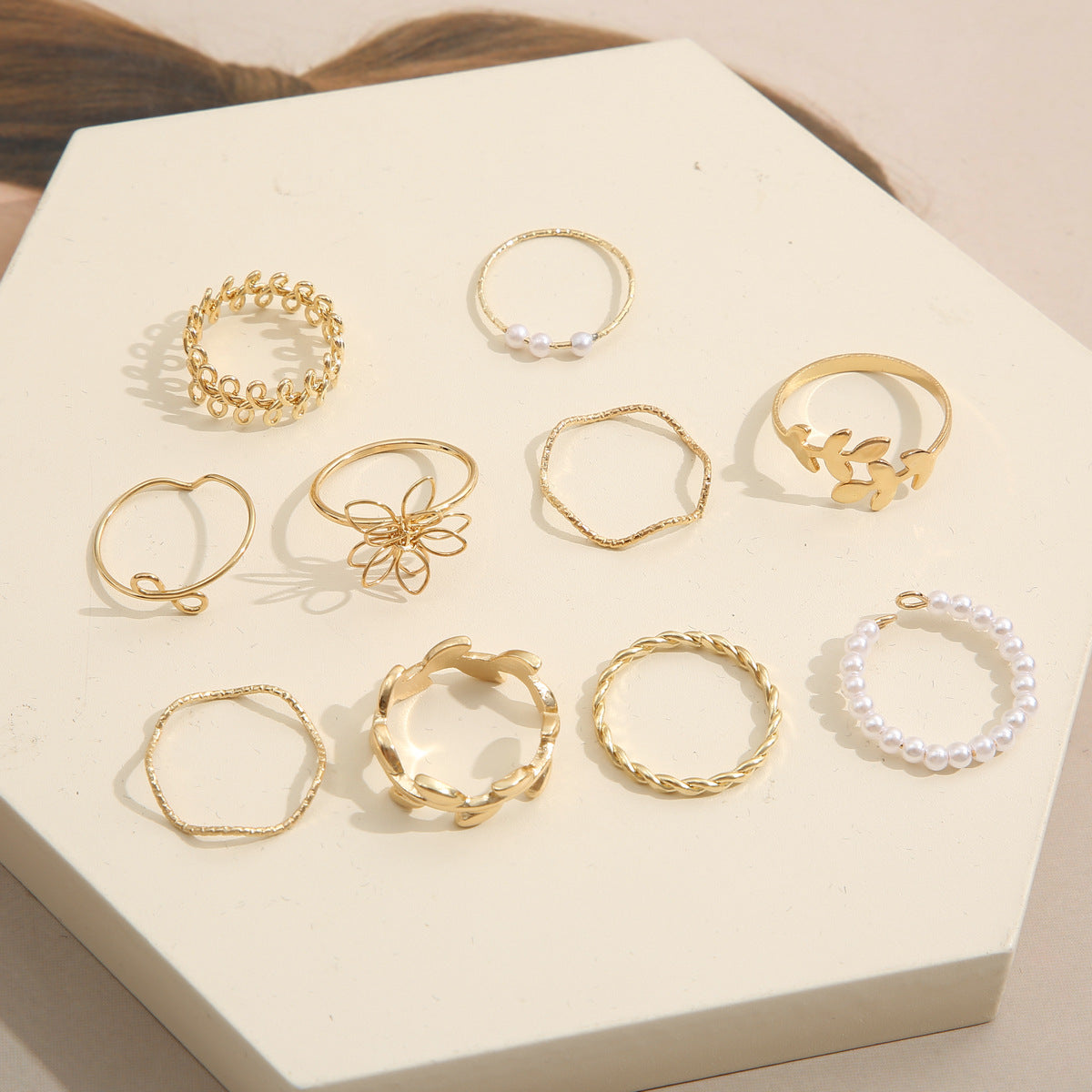 Leaf & Pearl Ring Set (10-Piece)