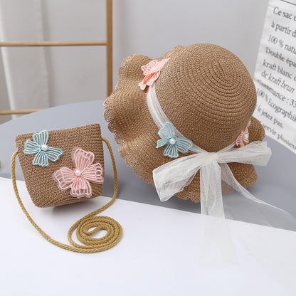 Conjunto de sombrero para el sol de verano para niñas, bolsa de paja con protección solar, elegante conjunto de encaje de princesa para bebés 