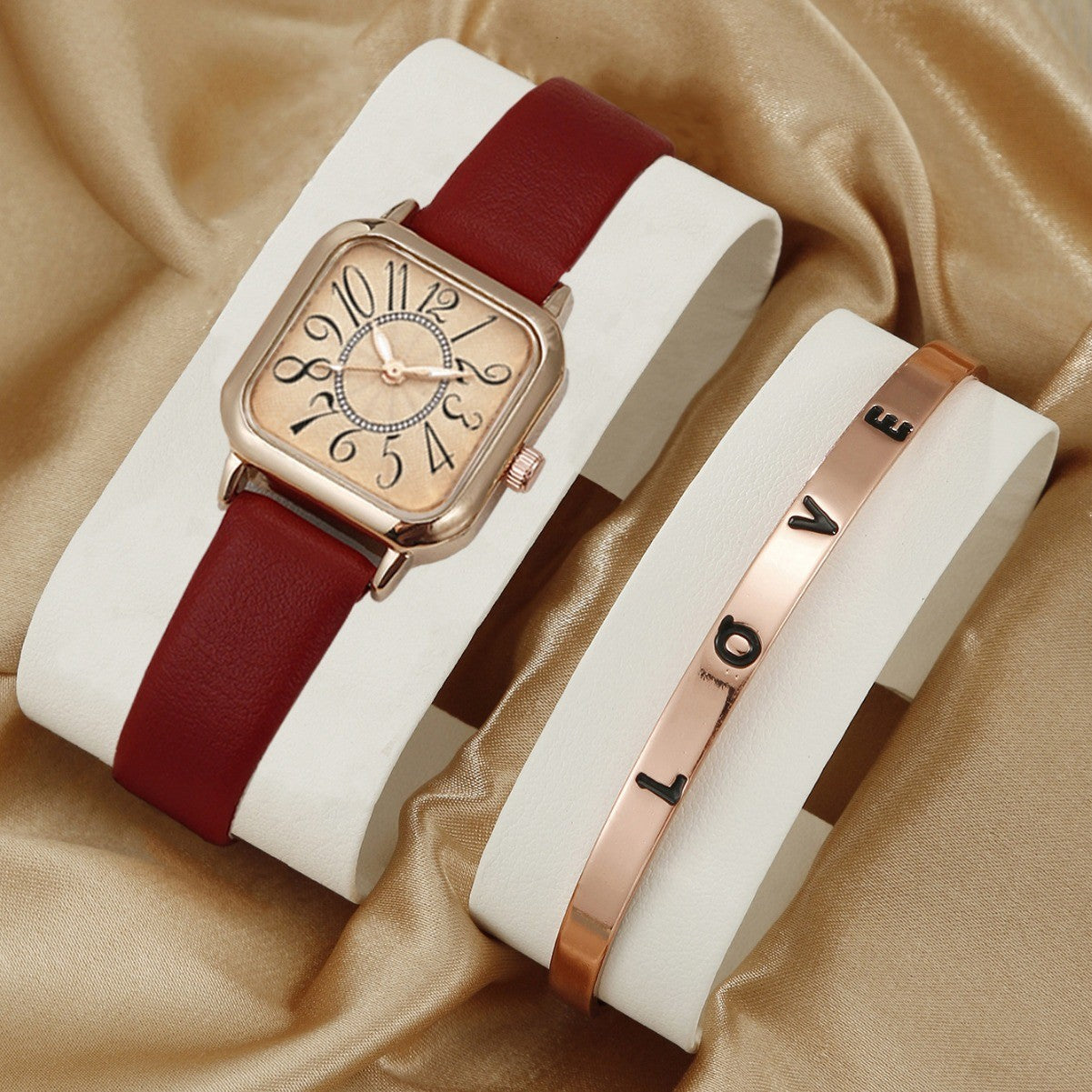 Square quartz watch LOVE bracelet set