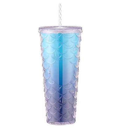 Botella de paja de plástico de doble capa de gran capacidad con patrón a escala 