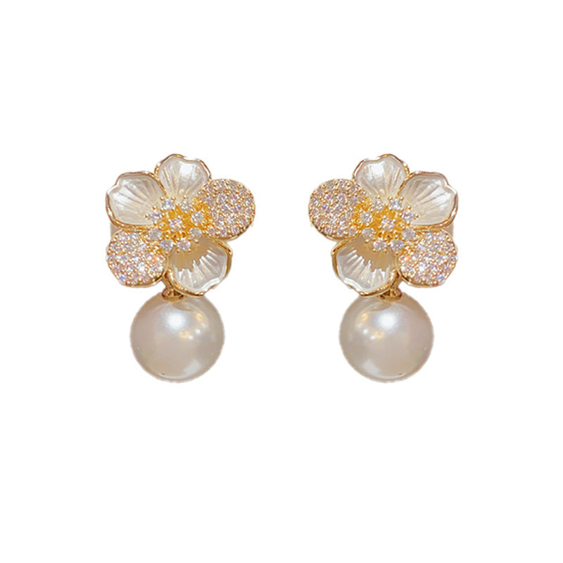Dripping zircon pearl flower stud earrings