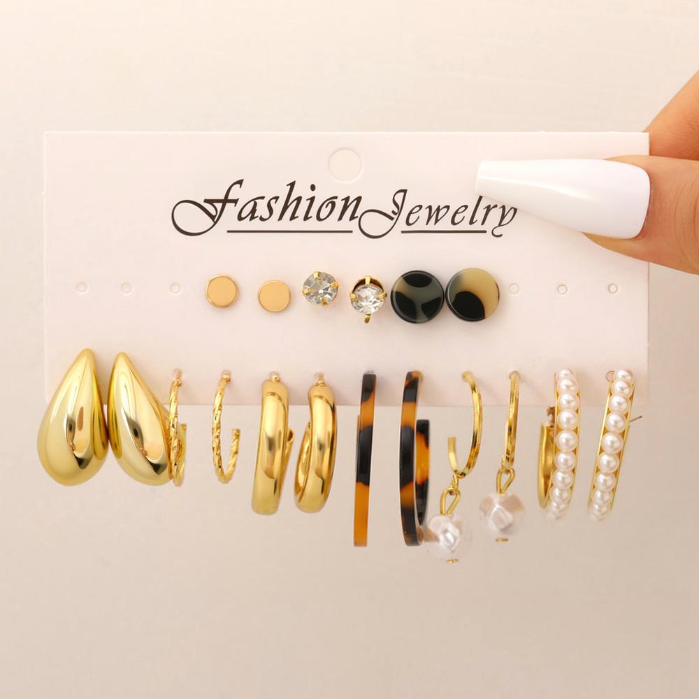 9Pcs Geometric Pearl Earring Set