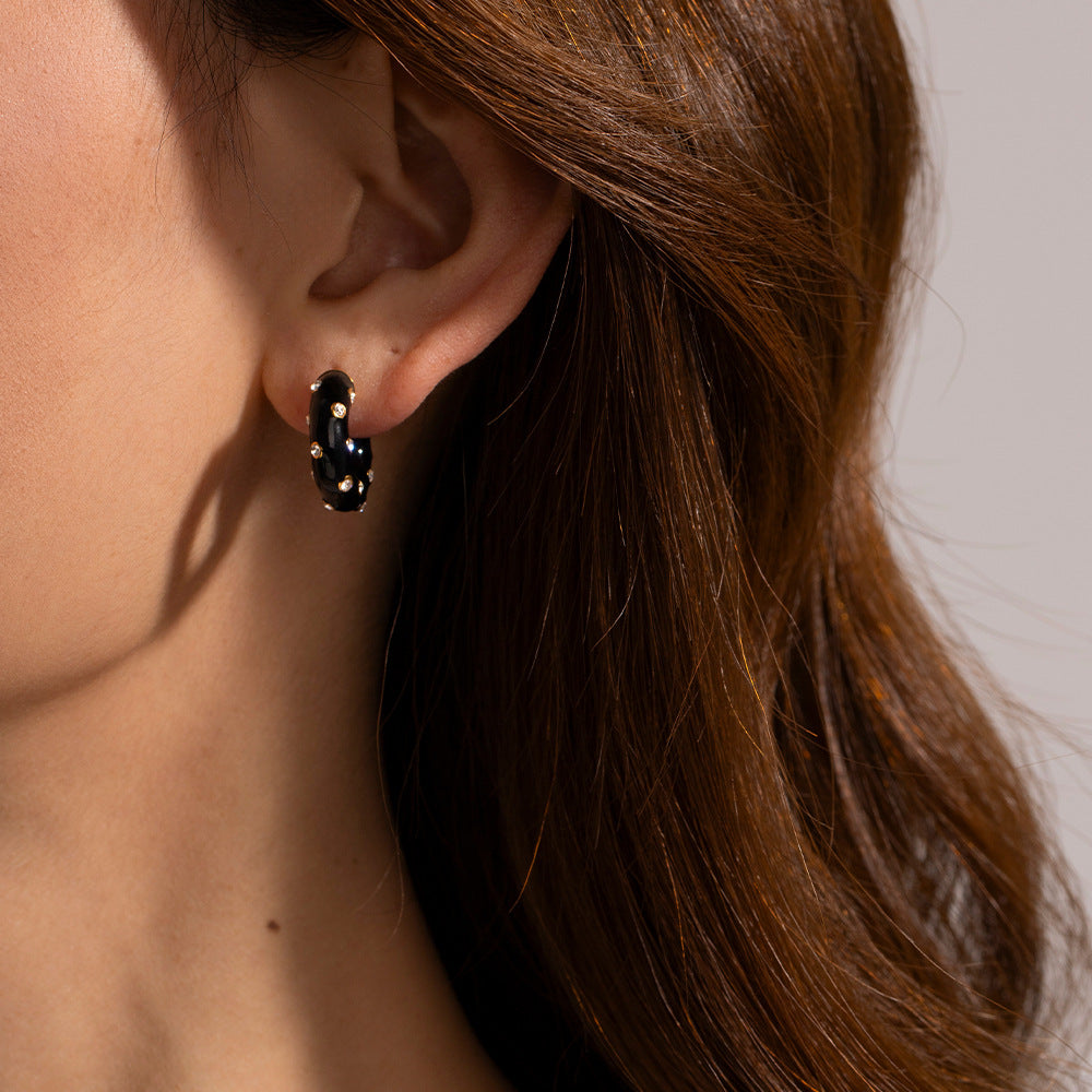 Black oil drop diamond C-shaped earrings