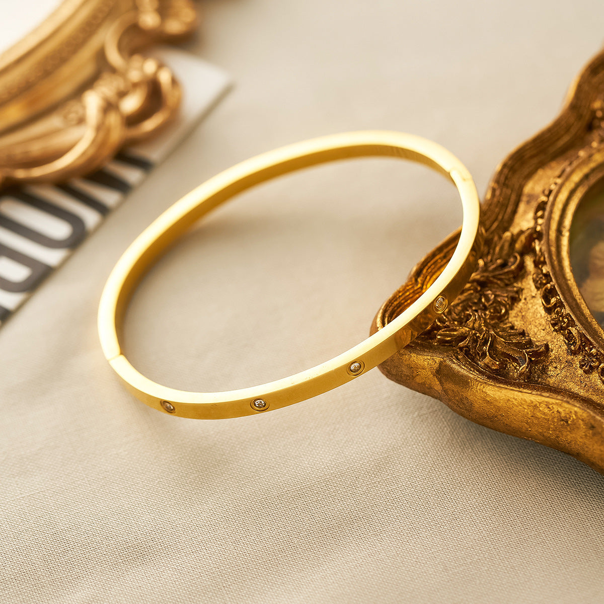 18K Gold-Plated Stainless Steel 4mm Diamond Row Bracelet — Narrow, Non-Fading