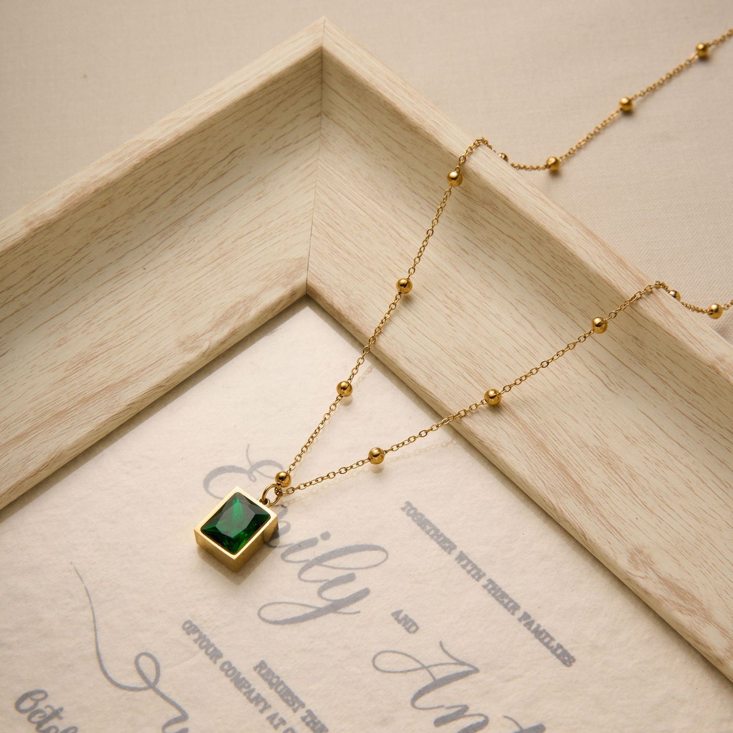 Titanium Steel Emerald Bead Necklace