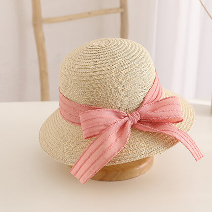 Conjunto de sombrero de paja con lazo para niños, bolsa de viaje con protección solar para la familia, primavera y verano 