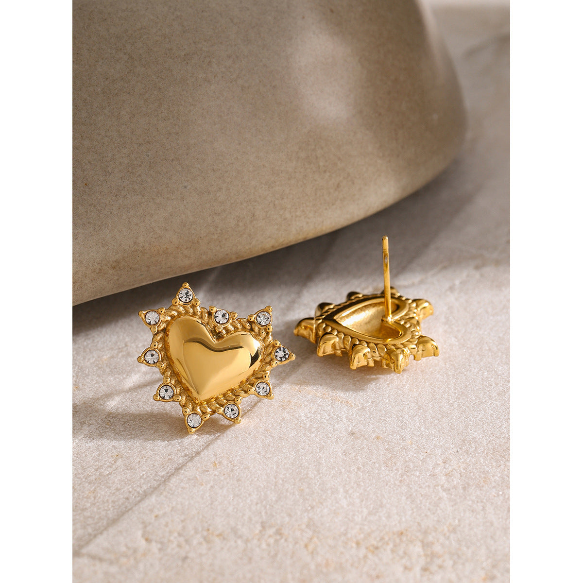 18k gold stainless steel heart rhinestone earrings