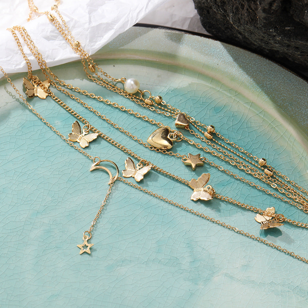 Multi-layer Butterfly & Moon Necklace Set