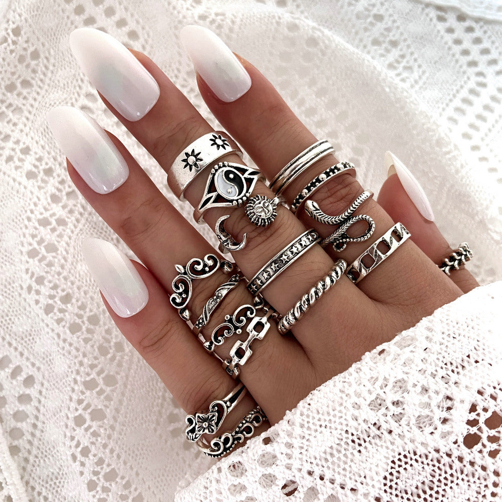 15-Piece Retro Tai Chi & Snake Ring Set