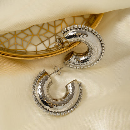 Hammered White Diamond C-Shaped Earrings