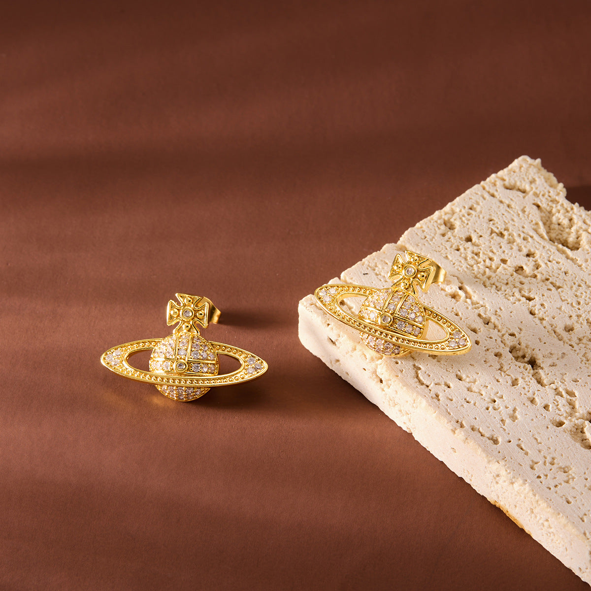 Saturn Planet Stud Earrings with Sparkling Stones