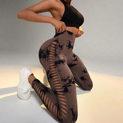 Pantalones de yoga de cintura alta con efecto tie-dye hueco 