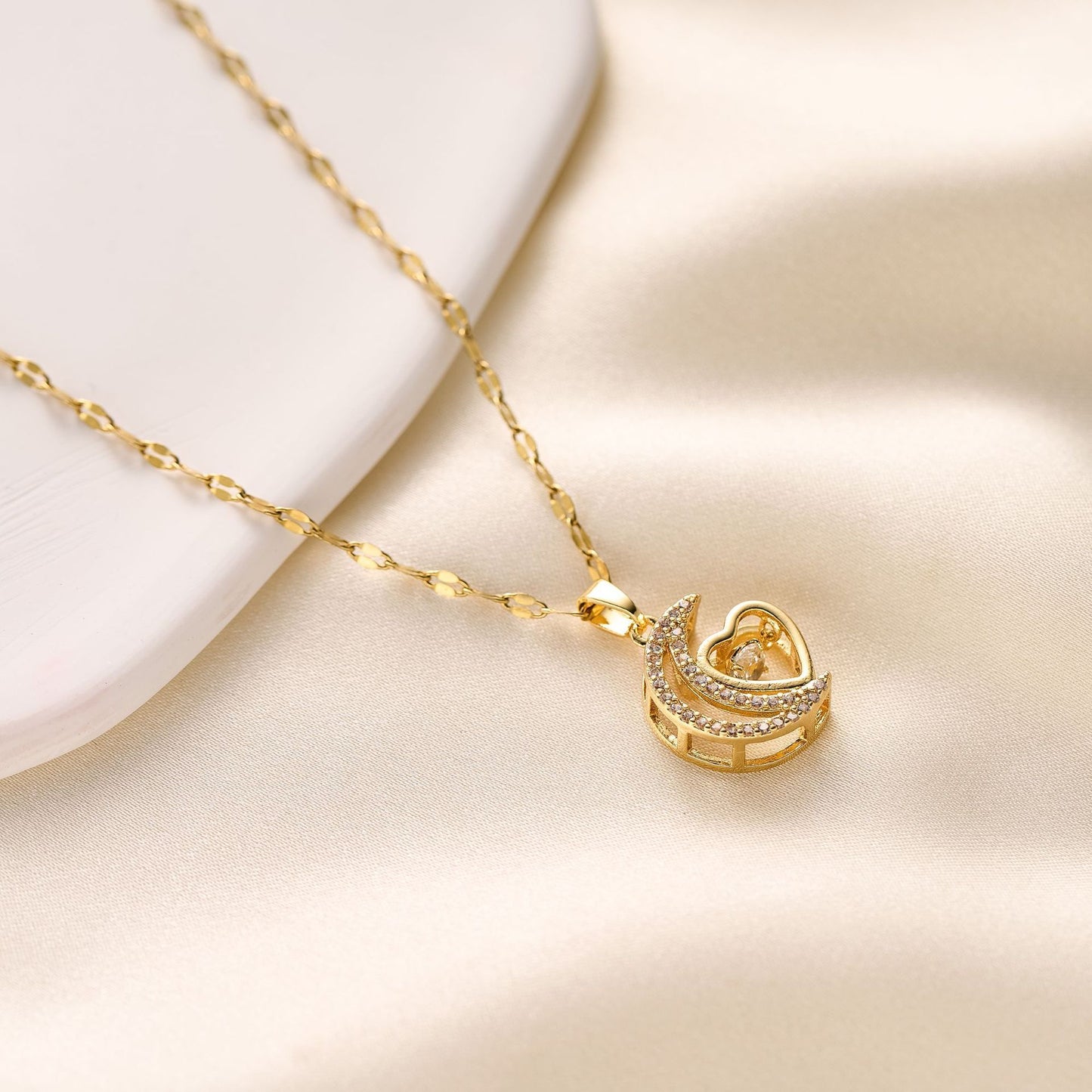 Gold Plated Moon & Heart Necklace