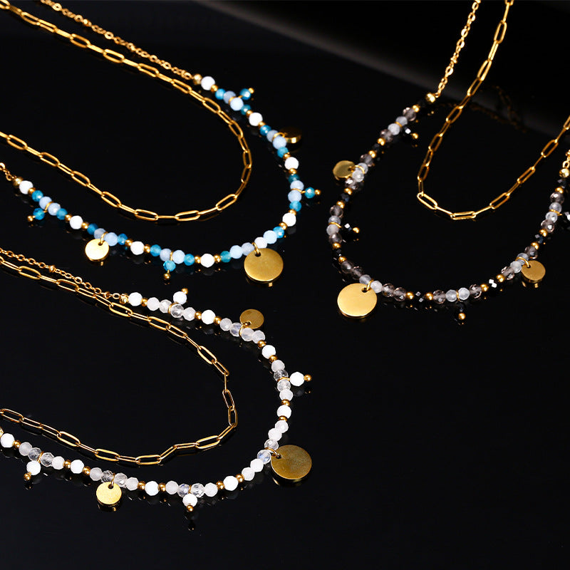 Cut natural stone stainless steel round card double-layer necklace