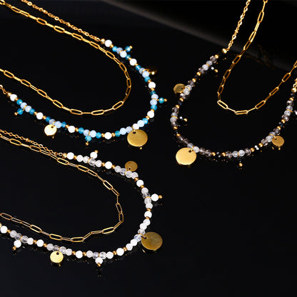 Cut natural stone stainless steel round card double-layer necklace