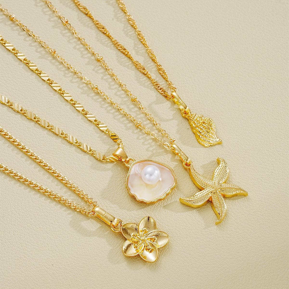 Resin Pearl Starfish Shell Flower Necklace Set