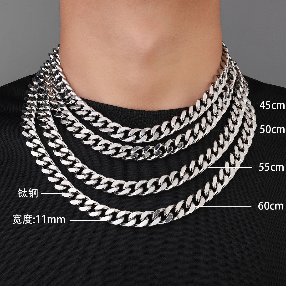 11Mm Titanium Steel Four-Sided Grinding Necklace Hip Hop Cuban Chain