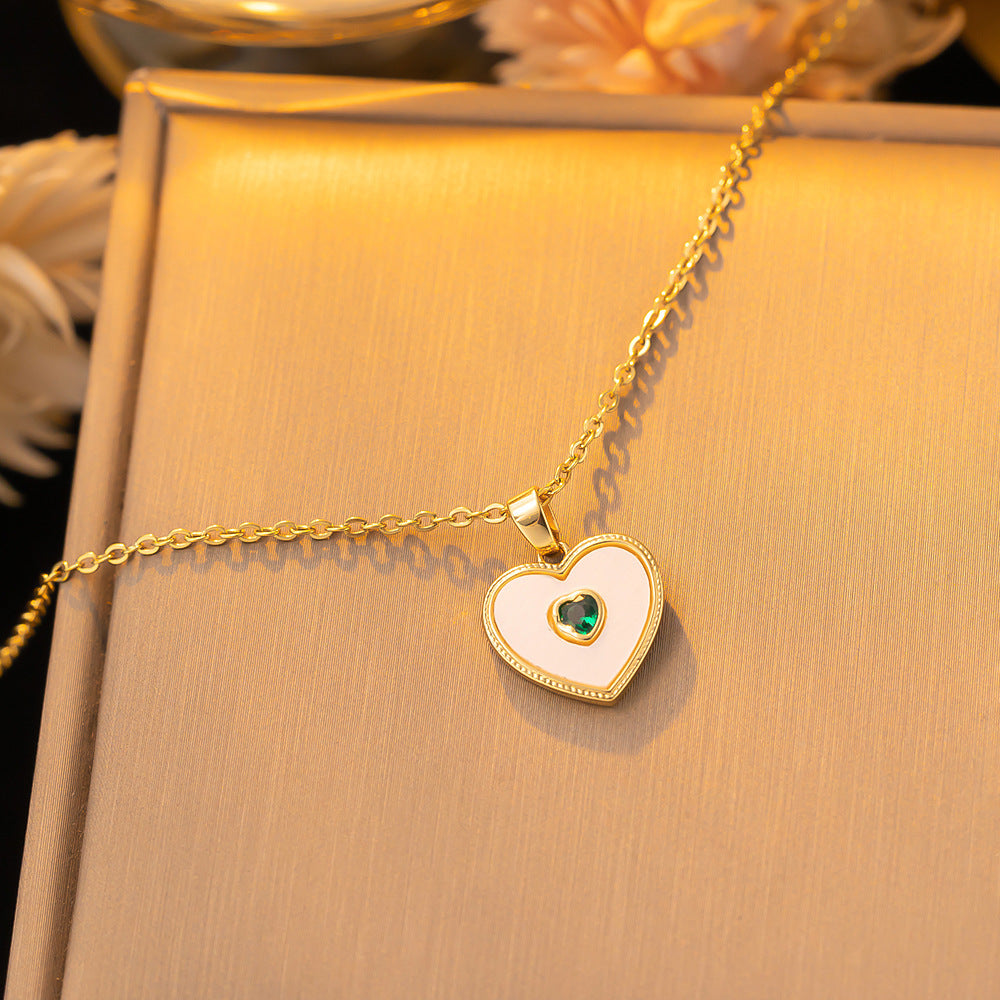 Women's Titanium-Steel Shell Pendant Collarbone Necklace with Green Gem Inlay