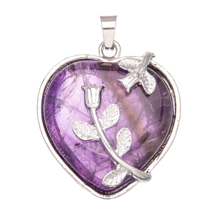 Colar de cristal ametista com pingente de rosa em formato de coração 