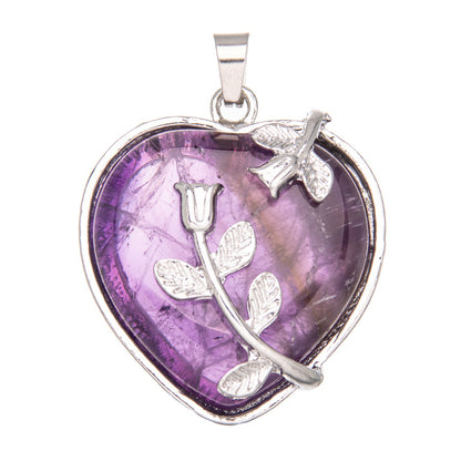 Colar de cristal ametista com pingente de rosa em formato de coração 