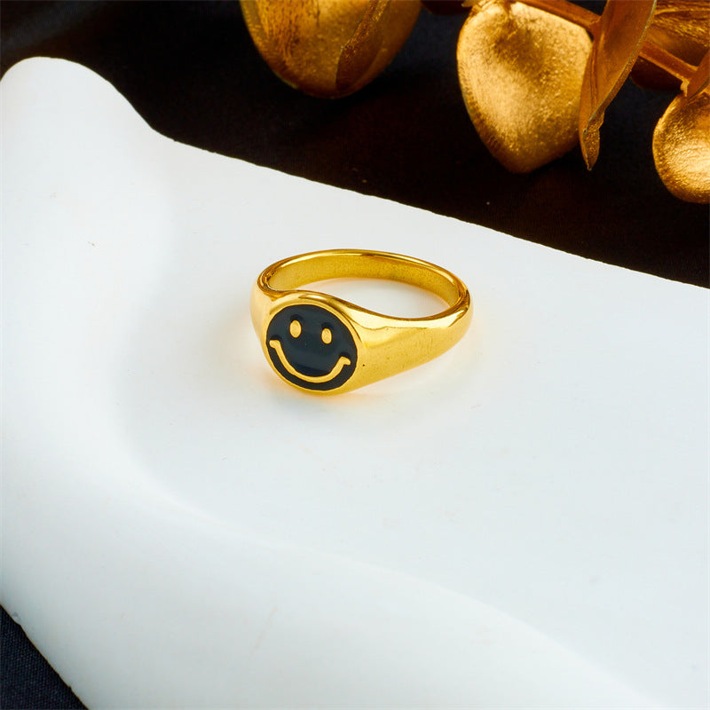 Gold Titanium-Steel Smiley Glaze Fashion Ring