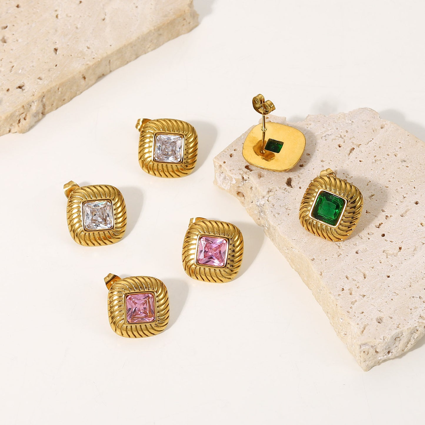Square button colored zircon earrings