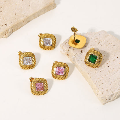 Square button colored zircon earrings
