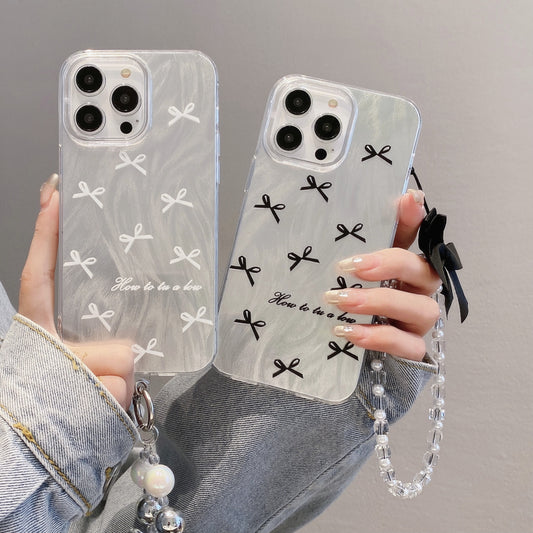 Silver Feather Case iPhone15 Pro 12 14 Black Bow Heart Chain Cover