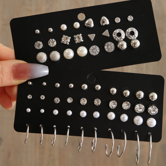 20-Pair Imitation Pearl & Zircon Earring Set