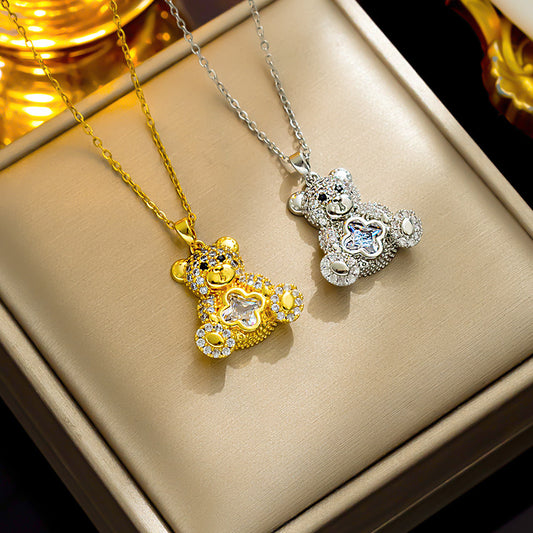 Colar de urso de pelúcia de cristal, corrente de clavícula com pingente de urso fofo 