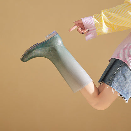 High tube rain shoes female versatile gradual change of color
