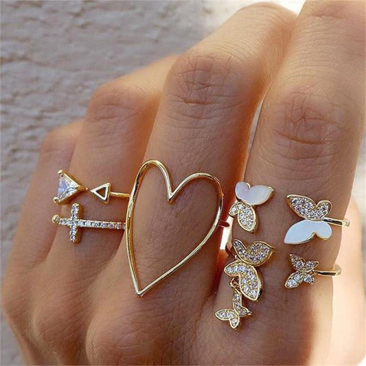 Diamond Butterfly & Love 5-Piece Ring Set