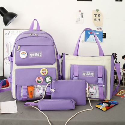 4-piece student school bag canvas contrast color backpack