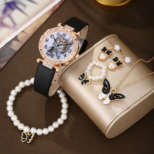 Cute cat watch pearl butterfly jewelry set