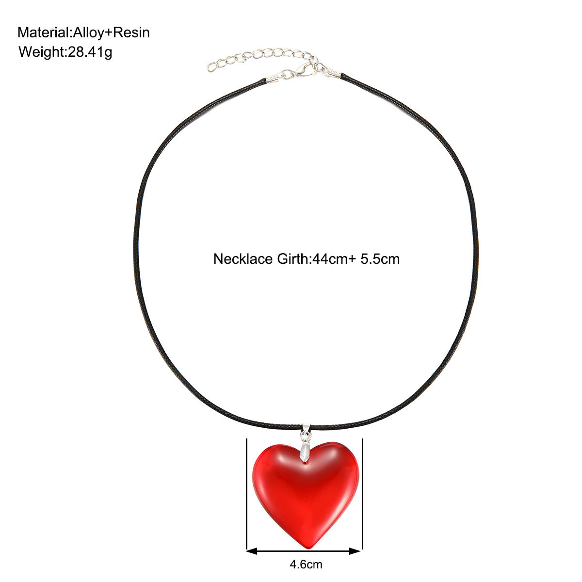Big red glass heart pendant black leather necklace