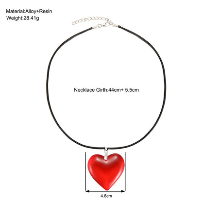 Big red glass heart pendant black leather necklace