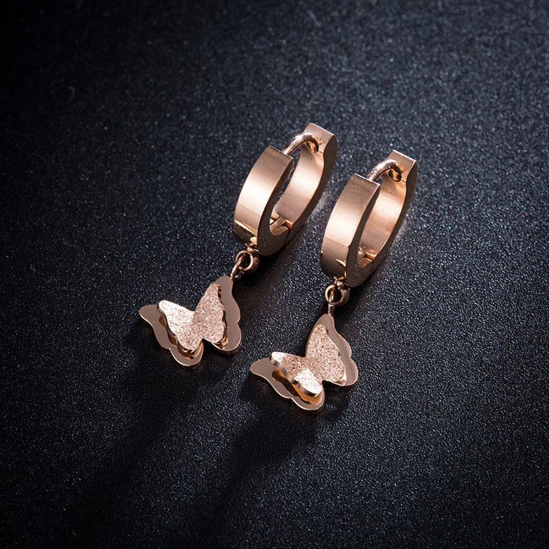 18K Rose Gold Titanium Steel Frosted Butterfly Earrings — Korean Cute Versatile