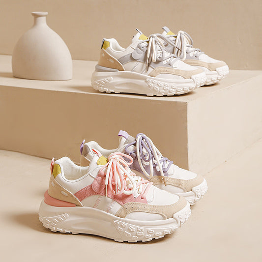 Thick-soled height-enhancing white sports shoes