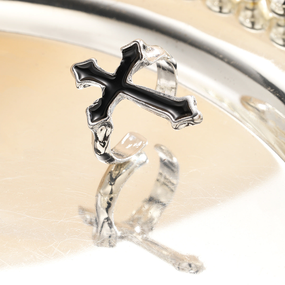 Dark Oil Drip Cross Ring
